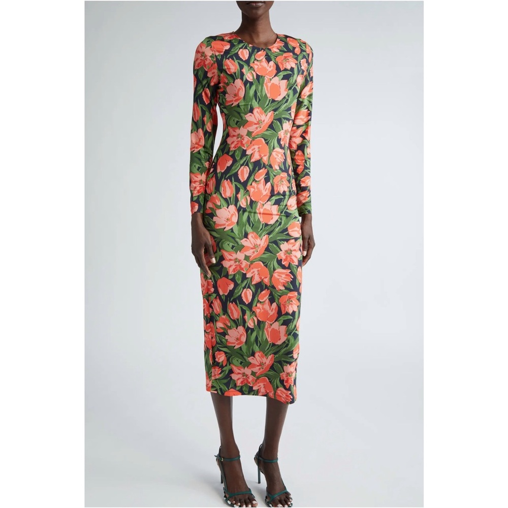 Carolina Herrera Floral Long Sleeve Midi Dress Medium Midnight Multi